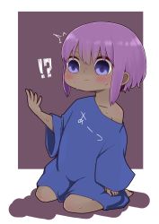 Rule 34 | !?, ^^^, 1girl, age regression, arts shirt, blue shirt, blush, brown background, closed mouth, collarbone, colored shadow, dark skin, dark-skinned female, fate/prototype, fate/prototype: fragments of blue and silver, fate (series), hassan of serenity (fate), highres, i.u.y, long sleeves, off shoulder, oversized clothes, purple eyes, purple hair, seiza, shadow, shirt, sitting, sleeves past wrists, solo, sweat, two-tone background, white background, wide sleeves, aged down