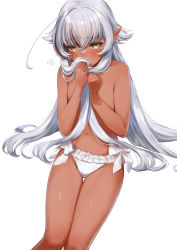 Rule 34 | 1girl, absurdres, ahoge, bare shoulders, blush, bow, bow panties, collarbone, commentary request, covering own mouth, dark-skinned female, dark elf, dark skin, elf, embarrassed, flat chest, flying sweatdrops, groin, hair between eyes, hand over own mouth, highres, lace, lace-trimmed panties, lace trim, long hair, looking at viewer, navel, original, panties, pointy ears, sahara1127, sidelocks, simple background, sitting, solo, stomach, thigh gap, topless, underwear, very long hair, white background, white bow, white panties, yellow eyes