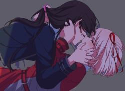 Rule 34 | black hair, blonde hair, blue dress, blush, closed eyes, commentary, couple, dress, english commentary, grey background, grey dress, hair behind ear, hair ribbon, hand in another&#039;s hair, hand on another&#039;s face, highres, imminent kiss, inoue takina, kuromahikaren, long hair, long sleeves, lycoris recoil, lycoris uniform, nishikigi chisato, open mouth, pink scrunchie, red dress, red ribbon, ribbon, scrunchie, shade, short hair, sidelocks, simple background, tongue, upper body, yuri