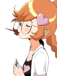 Rule 34 | 1girl, black shirt, blush, braid, breasts, closed eyes, coat, collarbone, detesu, food, food in mouth, heart, heart print, highres, holding, lab coat, long hair, mouth hold, nintendo, orange hair, parted lips, penny crygor, pocky, pocky in mouth, print shirt, shirt, short sleeves, sidelocks, simple background, small breasts, solo, swept bangs, twin braids, upper body, warioware, white background, white coat