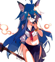 Rule 34 | 1girl, adapted costume, ahoge, animal ears, arutopian, bangle, blue eyes, blue hair, blush, bracelet, breasts, cat ears, cleavage, closed mouth, commentary request, cowboy shot, crop top, glasses, goinkyo, hair between eyes, holding, holding staff, jewelry, logo, long hair, looking at viewer, mage (ragnarok online), navel, neckerchief, pelvic curtain, ragnarok online, red neckerchief, sailor collar, sailor shirt, shirt, simple background, small breasts, solo, staff, white background