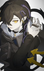 Rule 34 | 1boy, arknights, black hair, black jacket, corroserum (arknights), eyebrow piercing, fang, grey background, hair over one eye, hand up, highres, jacket, long sleeves, looking at viewer, male focus, nagute, open mouth, piercing, pointy ears, safety pin, simple background, solo, yellow eyes