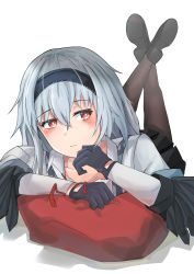 Rule 34 | 1girl, absurdres, black footwear, black gloves, black pantyhose, black skirt, blue hair, blush, closed mouth, crossed legs, girls&#039; frontline, gloves, hairband, highres, long hair, looking at viewer, lying, on stomach, pantyhose, red eyes, shirt, shoes, skirt, solo, thunder (girls&#039; frontline), umber00, white background, white shirt