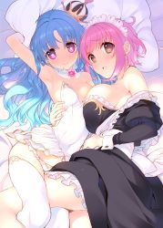 Rule 34 | 2girls, apron, armpits, bad id, bad yandere id, bare shoulders, blue hair, blush, breast press, breasts, covered navel, crown, dress, heart, heart-shaped pupils, highres, large breasts, long hair, looking at viewer, maid, maid apron, maid headdress, md5 mismatch, mini crown, multiple girls, off shoulder, original, panties, pink hair, red eyes, short hair, small breasts, smile, strapless, strapless dress, symbol-shaped pupils, tatami to hinoki, tears, thighhighs, underwear, white legwear, white panties