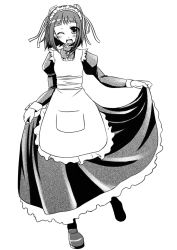 Rule 34 | 1girl, ;o, apron, blush, dress, female focus, full body, greyscale, juliet sleeves, long sleeves, looking at viewer, maid, maid apron, monochrome, nigo (aozoragarou), one eye closed, open mouth, puffy sleeves, running, short hair, simple background, solo, white background