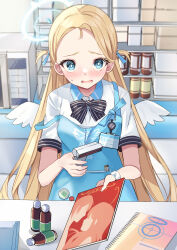 Rule 34 | 1girl, apron, barcode scanner, blonde hair, blue apron, blue archive, blue eyes, blush, bow, bowtie, convenience store, forehead, halo, highres, holding, holding magazine, id card, looking at viewer, magazine (object), mi taro333, mini wings, open mouth, part time job, pornography, shop, solo, sora (blue archive), store clerk, striped bow, striped bowtie, striped clothes, white wings, wings