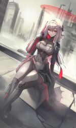 Rule 34 | 1girl, absurdres, arm guards, arm support, armor, armored bodysuit, belt, bodysuit, breasts, brown belt, brown bodysuit, dagger, expressionless, goddess of victory: nikke, grey hair, hair between eyes, halo, highres, holding, holding sword, holding weapon, japanese armor, jindogod, katana, knife, long hair, looking at viewer, medium breasts, official alternate costume, parted lips, red eyes, scarlet (black shadow) (nikke), scarlet (nikke), shoulder armor, sitting, solo, sword, weapon