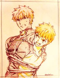 Rule 34 | 2boys, archer (fate), bound, colored pencil (medium), emiya shirou, fate/stay night, fate (series), male focus, multiple boys, takeluuu, tied up (nonsexual), traditional media