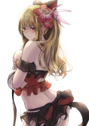 Rule 34 | 10s, 1girl, bare shoulders, black ribbon, black skirt, blonde hair, blush, breast hold, breasts, flower, from behind, granblue fantasy, hair between eyes, hibiscus, large breasts, light smile, lips, long hair, looking at viewer, midriff, miniskirt, off shoulder, ponytail, red eyes, ribbon, robo8, simple background, skirt, solo, vira (granblue fantasy), white background
