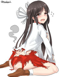 Rule 34 | 1girl, absurdres, ass, black hair, blouse, blush, brown eyes, hair ribbon, highres, hiyou (kancolle), kantai collection, long hair, open mouth, red shirt, ribbon, shirt, simple background, solo, torn clothes, torn shirt, white background, white ribbon, white shirt