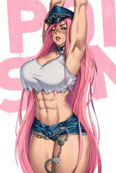Rule 34 | 1girl, abs, armpits, arms up, biceps, blue hat, blue shorts, breasts, capcom, chain belt, character name, cleavage, collar, crop top, crop top overhang, cuffs, cutoffs, denim, denim shorts, final fight, handcuffs, hat, highres, large breasts, lips, long hair, midriff, mootium, muscular, muscular female, navel, one eye closed, open fly, peaked cap, poison (final fight), shorts, solo, standing, street fighter, stretching, studded collar, tank top, thick thighs, thighs, torn clothes, very long hair, white tank top