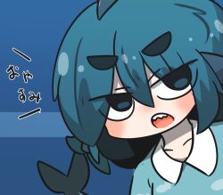 Rule 34 | 1girl, animal print, blue background, blue eyes, blue hair, blue shirt, blush, collared shirt, commentary request, fins, fish print, fish tail, fuka-chan, hair between eyes, highres, looking at viewer, open mouth, original, print shirt, shark tail, sharp teeth, shirt, short eyebrows, solo, tail, teeth, thick eyebrows, translation request, uni souchou, upper body, v-shaped eyebrows