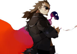 Rule 34 | 1boy, absurdres, black jacket, brown hair, cigarette, facial hair, fate/apocrypha, fate (series), from side, goatee, highres, holding, holding cigarette, jacket, long hair, rathalosx4, red background, scar, scar across eye, shishigou kairi, signature, skeleton, smile, smoke, sunglasses, two-tone background, white background