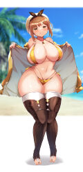 Rule 34 | 1girl, absurdres, atelier (series), atelier ryza, beach, bikini, breasts, brown hair, earrings, female focus, full body, hat, highres, jewelry, kneeling, large breasts, necklace, reisalin stout, removing jacket, ribbon, short hair, solo, swimsuit, teruwo, thick thighs, thighhighs, thighs, toeless legwear, wide hips