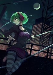 Rule 34 | 1girl, building, choker, green eyes, green hair, headphones, highres, holding, holding weapon, holding whip, moon, night, night sky, online neet, phonon (under night in-birth), short hair, sky, smile, solo, striped clothes, striped legwear, striped thighhighs, thighhighs, under night in-birth, upper body, weapon, whip