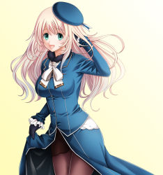 Rule 34 | 1girl, atago (kancolle), beret, black gloves, black pantyhose, blonde hair, blue hat, blue jacket, blush, breasts, gloves, green eyes, hat, highres, jacket, kantai collection, large breasts, long hair, military, military uniform, open mouth, pantyhose, skirt, skirt hold, smile, solo, tamamon, uniform, white neckwear, yellow background