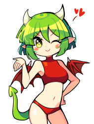 Rule 34 | 1girl, absurdres, bikini, blush, breasts, closed mouth, draco centauros, dragon girl, dragon horns, dragon tail, dragon wings, green hair, heart, highres, horns, large breasts, looking at viewer, navel, offbeat, one eye closed, pointy ears, puyopuyo, red bikini, short hair, smile, solo, swimsuit, tail, wings, yellow eyes