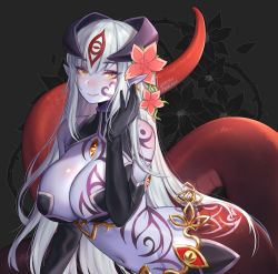 Rule 34 | 1girl, alipheese fateburn xvi, bare shoulders, black gloves, breasts, colored skin, commentary, elbow gloves, eyes visible through hair, flower, full-body tattoo, gloves, hair flower, hair ornament, hand up, highres, horns, lamia, large breasts, long hair, looking at viewer, mon-musu quest!, monster girl, navel, pointy ears, purple skin, silver hair, simple background, smile, solo, tattoo, terupancake, third eye, twitter username, very long hair, yellow eyes