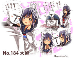 Rule 34 | 10s, 1boy, 1girl, admiral (kancolle), ahoge, apron, blush, book, chair, character name, clenched hands, closed eyes, closed mouth, commentary request, epaulettes, eyebrows, flying sweatdrops, hair flaps, hand on another&#039;s shoulder, hand up, heart, hetero, imagining, kantai collection, kiss, kissing cheek, long sleeves, looking at another, magatama, military, military uniform, motion lines, naval uniform, neckerchief, nose bubble, open mouth, purple hair, red eyes, school uniform, serafuku, sitting, sleeping, smile, speech bubble, spoken heart, standing, suzuki toto, taigei (kancolle), thought bubble, translation request, twitter username, uniform, white apron, wide oval eyes, zzz