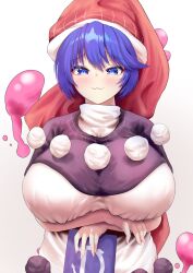 Rule 34 | 1girl, :3, arms under breasts, black capelet, blob, blue eyes, blue hair, blush, book, breasts, capelet, commentary, doremy sweet, dream soul, dress, english commentary, gradient background, hat, highres, holding, holding book, huge breasts, looking at viewer, nightcap, pom pom (clothes), red hat, rion (user ufvg8527), short hair, smile, solo, touhou, upper body