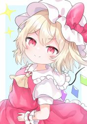 Rule 34 | 1girl, ascot, blonde hair, blue background, border, bow, closed mouth, crystal, flandre scarlet, hand on own hip, hat, hat bow, highres, mob cap, one side up, pafe haumen, puffy short sleeves, puffy sleeves, red bow, red eyes, red vest, shirt, short hair, short sleeves, simple background, smile, smug, solo, star (symbol), touhou, upper body, vest, white border, white hat, white shirt, wings, wrist cuffs, yellow ascot