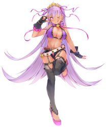 Rule 34 | 1girl, :q, bb (fate), bb (fate) (all), bb (swimsuit mooncancer) (fate), bb (swimsuit mooncancer) (second ascension) (fate), bikini, black gloves, black shorts, black thighhighs, bracelet, breasts, earrings, fate/grand order, fate (series), feet, fingerless gloves, full body, fumikiri, gloves, hair ribbon, hairband, hand up, high heels, highres, jewelry, large breasts, long hair, looking at viewer, micro shorts, nail polish, one eye closed, pink footwear, platform footwear, purple bikini, purple eyes, purple hair, purple ribbon, ribbon, shorts, simple background, solo, standing, standing on one leg, star (symbol), star earrings, stirrup legwear, swimsuit, thighhighs, toeless legwear, toenail polish, toenails, toes, tongue, tongue out, very long hair, w, white background