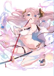 Rule 34 | 10s, 1girl, arms behind head, ass, bare shoulders, between legs, bikini, blue eyes, braid, breasts, draph, floating hair, frilled bikini, frills, from side, full body, granblue fantasy, groin, hair ornament, hair over one eye, hand on breast, highres, horns, katana, large breasts, long hair, looking at viewer, low tied hair, miwano rag, mouth hold, narmaya (granblue fantasy), navel, one eye covered, on one knee, pointy ears, purple hair, red ribbon, ribbon, ribbon in mouth, sandals, seashell, shell, side-tie bikini bottom, silver hair, simple background, single braid, skindentation, smile, solo, starfish, stomach, swimsuit, sword, thigh strap, transparent, unsheathed, waist cape, weapon, white background, white bikini