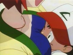Rule 34 | 1boy, 1girl, animated, animated gif, ash ketchum, baseball cap, breast smother, breasts, closed eyes, collarbone, creatures (company), face to breasts, game freak, gym leader, hat, hetero, hug, ichiishi sayuri, jewelry, lowres, mature female, necklace, nintendo, official art, open mouth, pokemon, pokemon (anime), qvga, red hair, ruriko (pokemon), wince