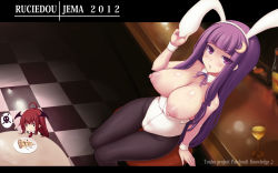 Rule 34 | 2girls, animal ears, bat wings, black legwear, breasts, rabbit ears, chibi, crescent, crescent hair ornament, cup, detached collar, drinking glass, fake animal ears, female focus, food, hair ornament, head wings, highres, jema, koakuma, large breasts, letterboxed, long hair, multiple girls, nipples, open mouth, pantyhose, patchouli knowledge, playboy bunny, purple eyes, purple hair, red hair, touhou, wine glass, wings, wrist cuffs