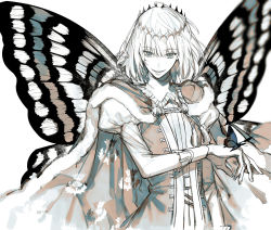 Rule 34 | 1boy, au (d elete), blue eyes, bug, butterfly, butterfly wings, cape, crown, fate/grand order, fate (series), fur-trimmed cape, fur trim, highres, insect, insect wings, long sleeves, looking at viewer, male focus, monochrome, oberon (fate), shirt, short hair, smile, solo, spot color, white shirt, wings