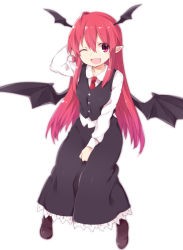 Rule 34 | 1girl, ;d, akagashi hagane, arm behind head, arm up, bat wings, black skirt, fang, frills, full body, head wings, koakuma, long hair, long skirt, long sleeves, looking at viewer, necktie, one eye closed, open mouth, pointy ears, red eyes, red hair, shoes, simple background, skirt, skirt set, smile, solo, touhou, vest, white background, wings