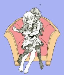 Rule 34 | 2girls, ?, arm support, barefoot, blue background, blush, chair, commentary request, couple, crosshatching, d:, dimension-3 (idolmaster), easy chair, feet, foot dangle, full body, furrowed brow, hair between eyes, hand up, hatching (texture), hug, hug from behind, ichinose shiki, idolmaster, idolmaster cinderella girls, long hair, long sleeves, looking at viewer, mixed media, monochrome, multiple girls, ninomiya asuka, no shoes, open mouth, parted lips, pleated skirt, protected link, puffy long sleeves, puffy sleeves, simple background, sitting, sitting on lap, sitting on person, skirt, spot color, sunbiki, sweat, thighhighs, toenails, wavy hair, yuri, zettai ryouiki