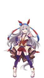 Rule 34 | 1girl, animal ears, blue eyes, collarbone, fang, grey hair, headband, highres, horse ears, horse girl, horse tail, long hair, looking at viewer, midriff, navel, official alternate costume, official art, open mouth, pointing, pointing at viewer, shoes, shorts, solo, starting future (umamusume), tail, tamamo cross (umamusume), thighhighs, transparent background, umamusume