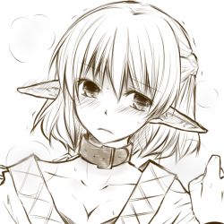 Rule 34 | 1girl, breasts, brown theme, cleavage, collar, female focus, half updo, mizuhashi parsee, monochrome, pointy ears, short hair, solo, touhou, yjy