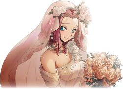 Rule 34 | 1girl, artist request, blue eyes, blush, bouquet, breasts, bridal veil, bride, closed mouth, code geass, code geass: lost stories, collarbone, cropped torso, dress, earrings, female focus, flower, forehead, game cg, hair flower, hair intakes, hair ornament, happy, holding, holding bouquet, jewelry, kouzuki kallen, light blush, looking at viewer, medium breasts, necklace, non-web source, off-shoulder dress, off shoulder, official art, orange flower, orange rose, pearl necklace, raised eyebrows, red flower, red hair, red rose, rose, see-through, short hair, shy, sidelocks, simple background, single bare shoulder, smile, solo, standing, transparent background, upper body, veil, wedding dress, white dress, white flower, white rose