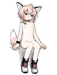 Rule 34 | 1girl, animal ear fluff, animal ears, arknights, arms at sides, black bracelet, black choker, blue eyes, choker, embarrassed, flat chest, fox ears, fox girl, fox tail, grey hair, high tops, highres, kamihine, material growth, navel, nipples, nude, oripathy lesion (arknights), shoes, short hair, sitting, sneakers, solo, sussurro (arknights), tail