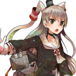Rule 34 | 10s, 1girl, amatsukaze (kancolle), bad id, bad nicoseiga id, brown eyes, dress, gloves, itomugi-kun, kantai collection, long hair, open mouth, personification, rensouhou-kun, sailor dress, school uniform, serafuku, silver hair, simple background, twintails, two side up