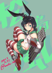 Rule 34 | 1girl, ahoge, black hair, black hairband, black neckerchief, black panties, breasts, cosplay, crop top, elbow gloves, gloves, green eyes, green sailor collar, green skirt, hairband, hat, highleg, highleg panties, kantai collection, matsukaze (kancolle), microskirt, mini hat, mini top hat, moke ro, neckerchief, panties, pleated skirt, rigging, rudder footwear, sailor collar, shimakaze (kancolle), shimakaze (kancolle) (cosplay), short hair, skirt, small breasts, smile, solo, striped clothes, striped thighhighs, thighhighs, thong, top hat, torpedo, underwear, wavy hair, white gloves