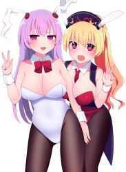 Rule 34 | + +, 2girls, :3, :d, alternate costume, animal ears, bad id, bad twitter id, bare shoulders, black legwear, blush, breasts, cleavage, contrapposto, cowboy shot, detached collar, eyebrows hidden by hair, fake animal ears, hand up, hat, highres, junko (touhou), large breasts, leotard, long hair, looking at viewer, multiple girls, nail polish, open mouth, pantyhose, purple eyes, purple hair, rabbit ears, red leotard, reisen udongein inaba, simple background, smile, strapless, strapless leotard, touhou, v, very long hair, white background, white leotard, wrist cuffs, you (noanoamoemoe)