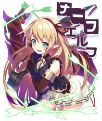 Rule 34 | 1girl, aqua eyes, arisa (shadowverse), arrow (projectile), bare shoulders, blonde hair, breasts, brown gloves, character request, cowboy shot, elbow gloves, gloves, glowing, glowing weapon, gradient hair, green eyes, hair ribbon, hairband, holding, holding sword, holding weapon, long hair, looking at viewer, medium breasts, multicolored hair, nervous smile, nyori, open mouth, pleated skirt, pointy ears, purple hair, red ribbon, ribbon, shadowverse, skirt, sleeveless, smile, solo, sword, text focus, very long hair, weapon, white skirt