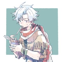 Rule 34 | 1boy, belt, can, coat, denim, fork, fringe trim, jeans, jet enduro, looking at viewer, male focus, michibata 65, pants, protected link, purple eyes, scarf, solo, white hair, wild arms, wild arms 3