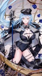 Rule 34 | 1girl, belt, black hat, black jacket, black leotard, black thighhighs, blue flower, blue hair, breasts, chest strap, closed mouth, commission, earrings, flower, fur-trimmed jacket, fur trim, hat, highres, holding, holding sword, holding weapon, hoop earrings, indie virtual youtuber, jacket, jacket on shoulders, jewelry, large breasts, leotard, milkie (vtuber), mole, mole under eye, nonsang 08, peaked cap, second-party source, solo, sword, thigh strap, thighhighs, twitter username, virtual youtuber, weapon, white belt, yellow eyes