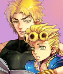 Rule 34 | 2boys, age difference, bad id, bad pixiv id, blonde hair, book, dio brando, earrings, father and son, giorno giovanna, green eyes, jewelry, jojo no kimyou na bouken, male focus, multiple boys, open book, reading, tem (artist), vento aureo