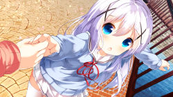 Rule 34 | 1girl, absurdres, blue eyes, blue hair, blue sweater, blurry, blurry background, blurry foreground, blush, chinomaron, day, depth of field, gochuumon wa usagi desu ka?, hair between eyes, hair ornament, highres, holding hands, kafuu chino, long hair, long sleeves, looking at viewer, neck ribbon, open mouth, out of frame, outdoors, outstretched arms, petals, pleated skirt, railing, red ribbon, ribbon, sailor collar, school uniform, serafuku, skirt, solo focus, sweater, thighhighs, very long hair, water, white sailor collar, white skirt, white thighhighs, x hair ornament