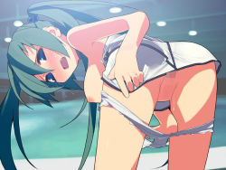 Rule 34 | 1girl, ass, bad id, bad pixiv id, bent over, blue eyes, blush, breasts, censored, fang, green hair, kokage, kusaka kokage, large breasts, long hair, mosaic censoring, nipples, nude, original, panties, panty pull, pulling own clothes, pussy, solo, twintails, underwear, white panties