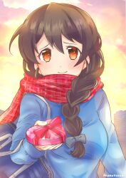 Rule 34 | 1girl, backlighting, bag, blue ribbon, blue sweater, blush, box, braid, braided ponytail, brown eyes, brown hair, closed mouth, commentary, gift, girls und panzer, giving, hair over shoulder, hair ribbon, heart-shaped box, highres, holding, holding gift, long hair, long sleeves, looking at viewer, namatyoco, outdoors, plaid, plaid scarf, red scarf, ribbon, rukuriri (girls und panzer), scarf, school bag, school uniform, single braid, smile, solo, st. gloriana&#039;s school uniform, sweater, twilight, twitter username, valentine
