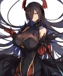 Rule 34 | 1girl, azur lane, bare shoulders, breasts, brown eyes, brown hair, cleavage, closed mouth, commentary request, dress, friedrich der grosse (azur lane), gloves, hair over one eye, highres, horns, long hair, mechanical horns, red gloves, red horns, see-through, see-through cleavage, signature, sleeveless, sleeveless dress, smile, standing, tomochi (tmc tmc8), very long hair