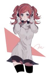 Rule 34 | 1girl, black thighhighs, blush, commentary request, cowboy shot, green eyes, headphones, highres, jewelry, long hair, long sleeves, looking at viewer, maco22, necklace, original, red background, red hair, see-through, signature, simple background, solo, sweater, thighhighs, twintails, two-tone background, upper body, white background