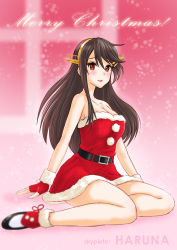 Rule 34 | 1girl, :d, absurdres, alternate costume, bare shoulders, black footwear, black hair, blush, breasts, brown eyes, christmas, cleavage, dress, fingerless gloves, fur-trimmed dress, fur-trimmed gloves, fur trim, gloves, hair ornament, hairclip, haruna (kancolle), highres, kantai collection, large breasts, long hair, looking at viewer, open mouth, red dress, red gloves, santa costume, santa dress, sitting, skypixter, sleeveless, sleeveless dress, smile, solo, thighs