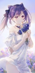 Rule 34 | 1girl, :d, absurdres, alternate costume, artist name, blue sky, blush, choker, cone hair bun, cowboy shot, dated, day, dress, flower, genshin impact, grin, hair bun, highres, holding, holding flower, keqing (genshin impact), lavender (flower), long hair, looking at viewer, off-shoulder dress, off shoulder, open mouth, outdoors, pink eyes, purple choker, purple eyes, purple flower, short sleeves, sky, smile, solo, swkl:d, symbol-only commentary, teeth, twintails, white dress